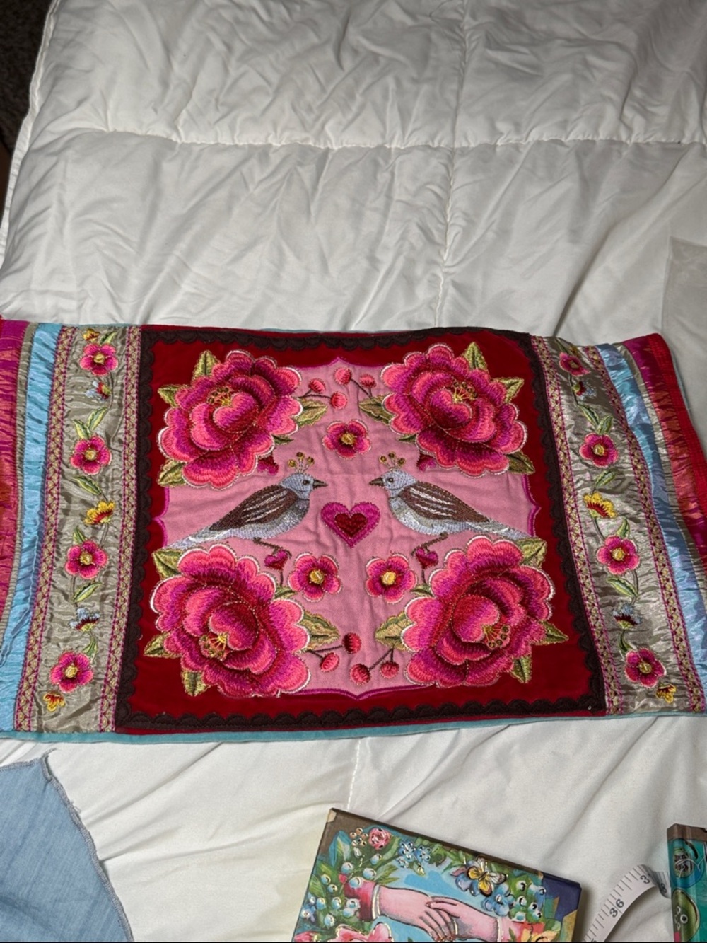 NWT Pip Studio Home Embroidered Pink & Red Floral Bird Pillowcase Cover 20 x 11”